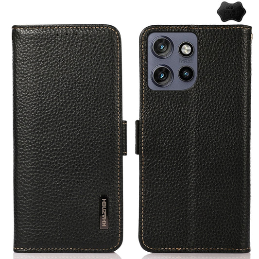 For Motorola Edge 50 5G KHAZNEH Side-Magnetic Litchi Genuine Leather RFID Phone Case(Black) - Motorola Cases by buy2fix | Online Shopping UK | buy2fix