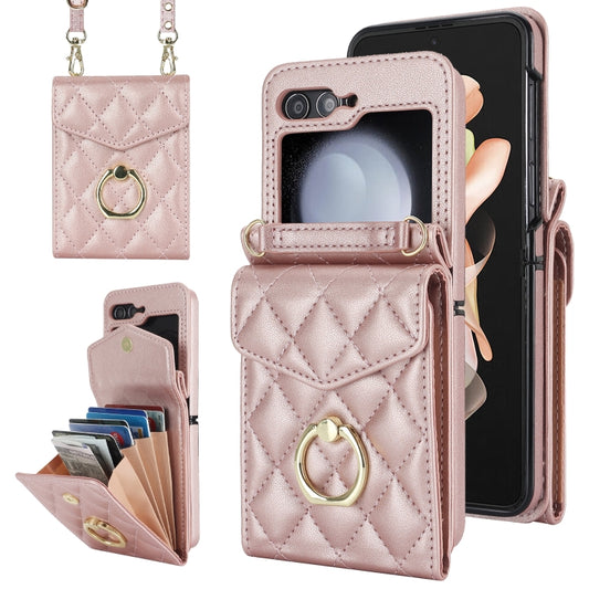 For Samsung Galaxy Z Flip6 Diamond Lattice RFID Card Slot Phone Case with Ring Holder(Rose Gold) - Galaxy Z Flip6 5G Cases by buy2fix | Online Shopping UK | buy2fix