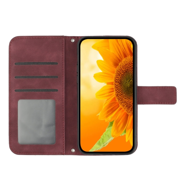 For Motorola Moto G54 HT04 Skin Feel Sun Flower Embossed Flip Leather Phone Case with Lanyard(Wine Red) - Motorola Cases by buy2fix | Online Shopping UK | buy2fix