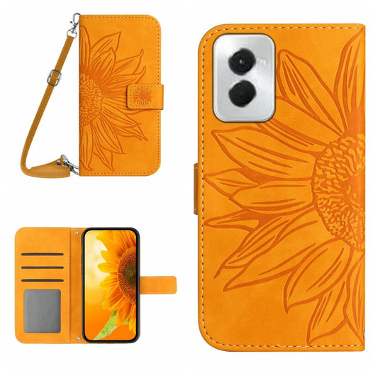 For Motorola Moto G Power 5G 2024 HT04 Skin Feel Sun Flower Embossed Flip Leather Phone Case with Lanyard(Yellow) - Motorola Cases by buy2fix | Online Shopping UK | buy2fix