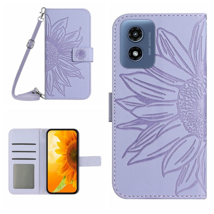 For Motorola Moto G Play 5G 2024 HT04 Skin Feel Sun Flower Embossed Flip Leather Phone Case with Lanyard(Purple) - Motorola Cases by buy2fix | Online Shopping UK | buy2fix