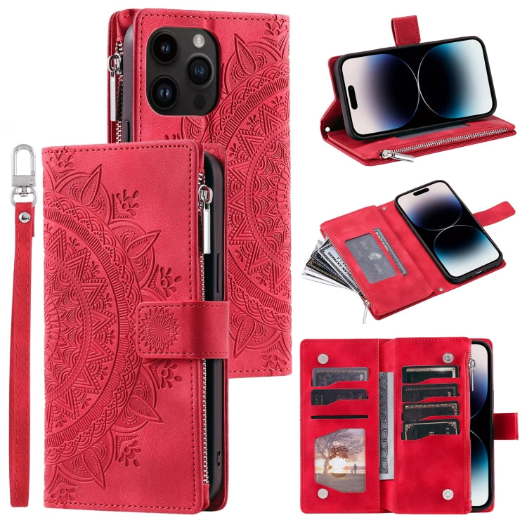 For iPhone 16 Pro Max Multi-Card Totem Zipper Leather Phone Case(Red) - iPhone 16 Pro Max Cases by buy2fix | Online Shopping UK | buy2fix