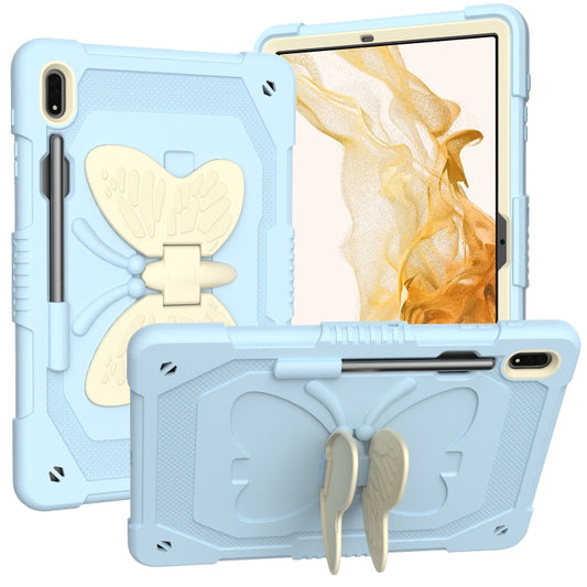 For Samsung Galaxy Tab S9+ Butterfly Kickstand Heavy Duty Hard Rugged Tablet Case(Beige+Ice Blue) - Galaxy Tab S9+ Cases by buy2fix | Online Shopping UK | buy2fix