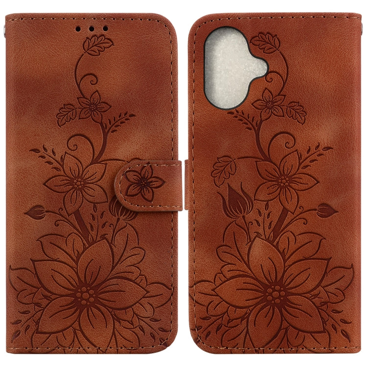 For iPhone 16 Plus Lily Embossed Leather Phone Case(Brown) - iPhone 16 Plus Cases by buy2fix | Online Shopping UK | buy2fix