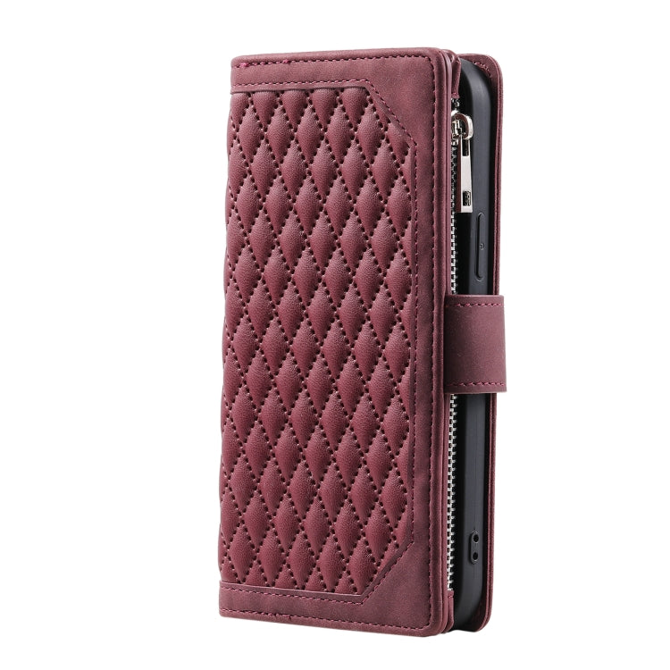 For iPhone 16 Grid Texture Zipper Leather Phone Case with Lanyard(Wine Red) - iPhone 16 Cases by buy2fix | Online Shopping UK | buy2fix