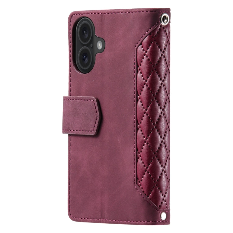 For iPhone 16 Grid Texture Zipper Leather Phone Case with Lanyard(Wine Red) - iPhone 16 Cases by buy2fix | Online Shopping UK | buy2fix