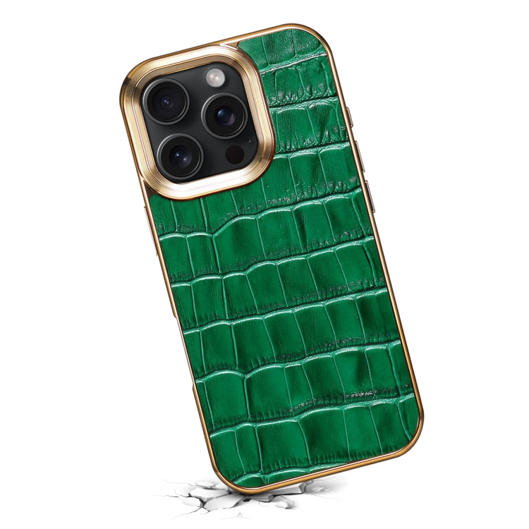 For iPhone 16 Pro Max Denior Crocodile Texture Genuine Leather Electroplating Phone Case(Green) - More iPhone Cases by Denior | Online Shopping UK | buy2fix