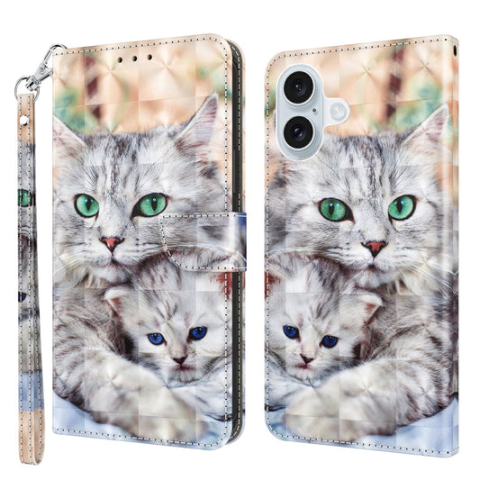 For iPhone 16 Plus 3D Painted Leather Phone Case(Two Loving Cats) - iPhone 16 Plus Cases by buy2fix | Online Shopping UK | buy2fix