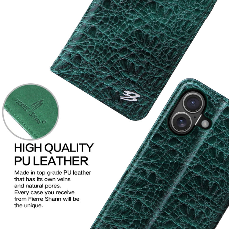 For iPhone 16 Plus Fierre Shann Crocodile Texture Magnetic Genuine Leather Phone Case(Green) - iPhone 16 Plus Cases by FIERRE SHANN | Online Shopping UK | buy2fix