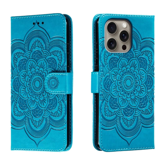 For iPhone 16 Pro Max Mandala Embossing Pattern Horizontal Flip Leather Phone Case(Blue) - iPhone 16 Pro Max Cases by buy2fix | Online Shopping UK | buy2fix