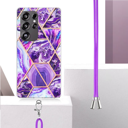 For Samsung Galaxy S25 Ultra 5G Electroplating IMD Splicing Dual-side Marble TPU Phone Case with Lanyard(Dark Purple) - Galaxy S25 Ultra 5G Cases by buy2fix | Online Shopping UK | buy2fix