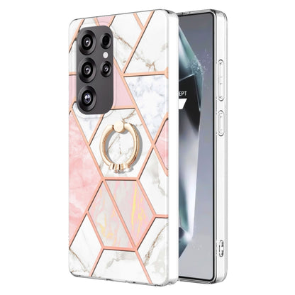 For Samsung Galaxy S25 Ultra 5G Splicing Marble Flower IMD TPU Phone Case Ring Holder(Pink White) - Galaxy S25 Ultra 5G Cases by buy2fix | Online Shopping UK | buy2fix