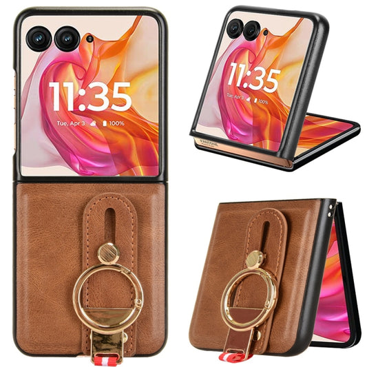 For Motorola Razr 50 Wristband Leather Back Phone Case(Brown) - Motorola Cases by buy2fix | Online Shopping UK | buy2fix