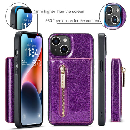 For iPhone 15 DG.MING M3 Series Glitter Powder Card Bag Leather Phone Case(Dark Purple) - iPhone 15 Cases by DG.MING | Online Shopping UK | buy2fix