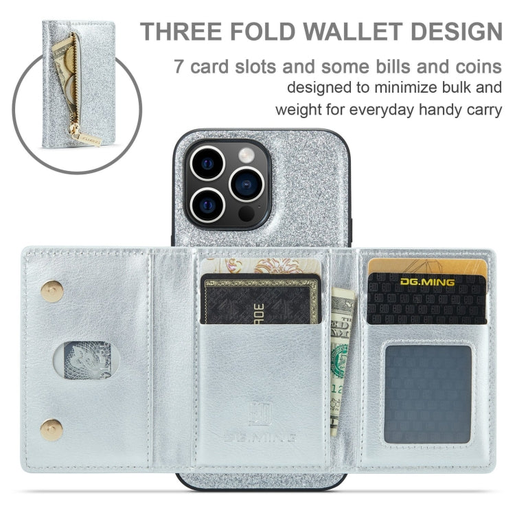 For iPhone 15 Pro Max DG.MING M3 Series Glitter Powder Card Bag Leather Phone Case(Silver) - iPhone 15 Pro Max Cases by DG.MING | Online Shopping UK | buy2fix