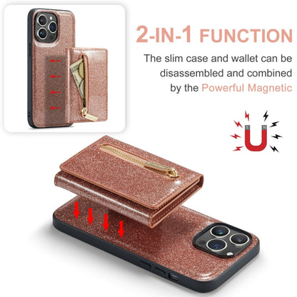 For iPhone 15 Pro Max DG.MING M3 Series Glitter Powder Card Bag Leather Phone Case(Rose Gold) - iPhone 15 Pro Max Cases by DG.MING | Online Shopping UK | buy2fix