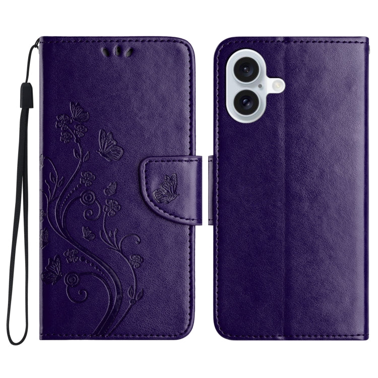 For iPhone 16 Butterfly Flower Pattern Flip Leather Phone Case(Dark Purple) - iPhone 16 Cases by buy2fix | Online Shopping UK | buy2fix