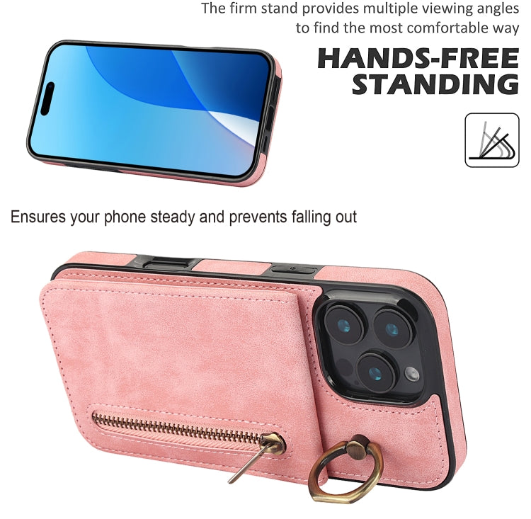 For iPhone 16 Pro Retro Ring and Zipper RFID Card Slot Phone Case(Pink) - iPhone 16 Pro Cases by buy2fix | Online Shopping UK | buy2fix