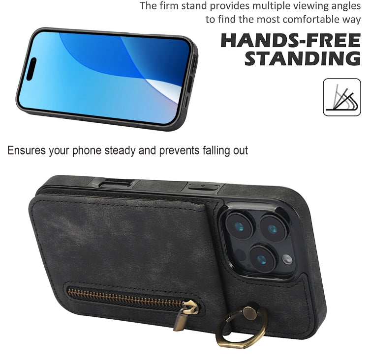 For iPhone 16 Pro Retro Ring and Zipper RFID Card Slot Phone Case(Black) - iPhone 16 Pro Cases by buy2fix | Online Shopping UK | buy2fix