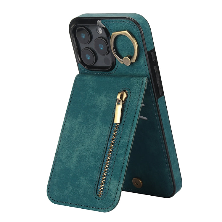 For iPhone 16 Pro Retro Ring and Zipper RFID Card Slot Phone Case(Blue) - iPhone 16 Pro Cases by buy2fix | Online Shopping UK | buy2fix