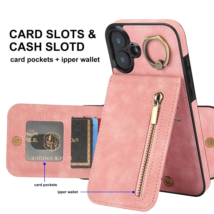 For iPhone 16 Retro Ring and Zipper RFID Card Slot Phone Case(Pink) - iPhone 16 Cases by buy2fix | Online Shopping UK | buy2fix