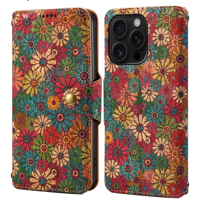 For iPhone 16 Pro Denior Flower Language Series Cork Fabric Oil Edge Leather Phone Case(Spring) - iPhone 16 Pro Cases by Denior | Online Shopping UK | buy2fix