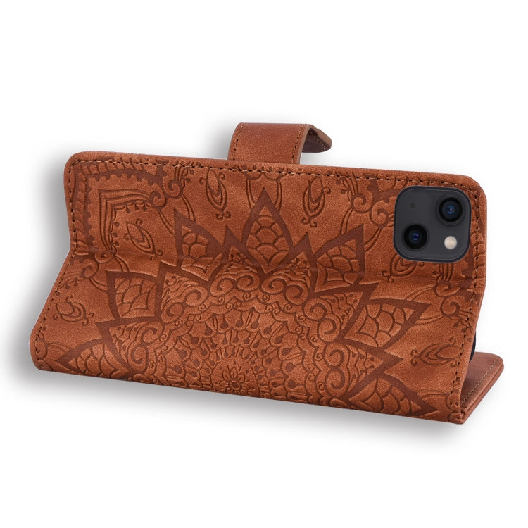 For iPhone 16 Pro Mandala Embossed Dual-Fold Calf Leather Phone Case(Brown) - iPhone 16 Pro Cases by buy2fix | Online Shopping UK | buy2fix