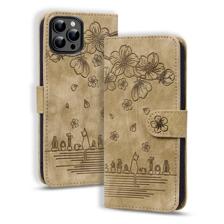 For iPhone 16 Pro Max Cartoon Sakura Cat Embossed Leather Phone Case(Brown) - iPhone 16 Pro Max Cases by buy2fix | Online Shopping UK | buy2fix