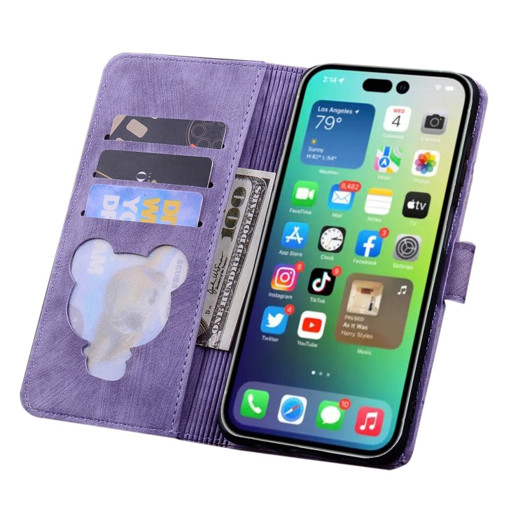 For iPhone 16 Pro Max Cartoon Sakura Cat Embossed Leather Phone Case(Purple) - iPhone 16 Pro Max Cases by buy2fix | Online Shopping UK | buy2fix