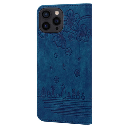 For iPhone 16 Pro Cartoon Sakura Cat Embossed Leather Phone Case(Royal Blue) - iPhone 16 Pro Cases by buy2fix | Online Shopping UK | buy2fix