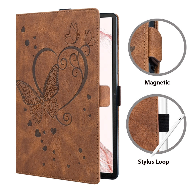 For Samsung Galaxy Tab S9 FE+ Love Butterfly Embossed Leather Tablet Case(Brown) - Galaxy Tab S9 FE+ by buy2fix | Online Shopping UK | buy2fix