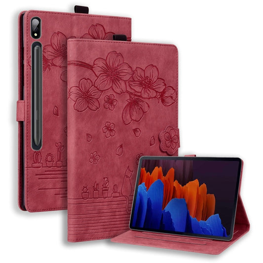 For Samsung Galaxy Tab S9 /S8 /S7 Cartoon Sakura Cat Embossed Smart Leather Tablet Case(Red) - Galaxy Tab S9 Cases by buy2fix | Online Shopping UK | buy2fix