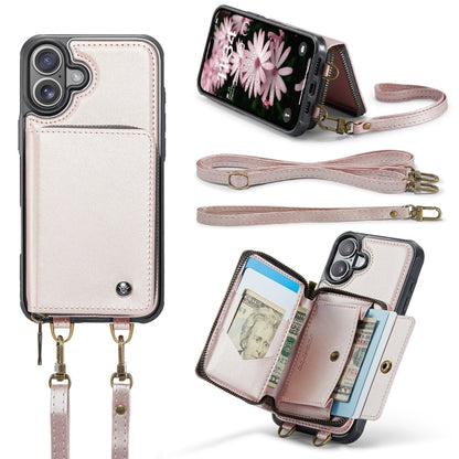 For iPhone 16 Plus JEEHOOD C22 Series Zipper Wallet Leather Phone Case with Dual Lanyard(Rose Gold) - iPhone 16 Plus Cases by JEEHOOD | Online Shopping UK | buy2fix