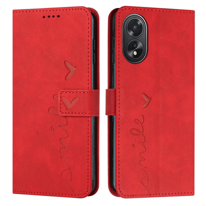 For OPPO A38 / Oppo A18 Skin Feel Heart Embossed Leather Phone Case with Long Lanyard(Red) - A18 Cases by buy2fix | Online Shopping UK | buy2fix