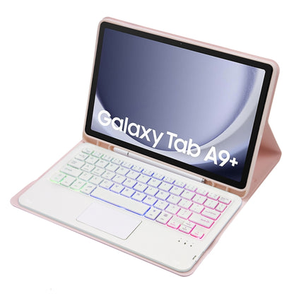 For Samsung Galaxy Tab A9+ X210/X215/X215 A09B-AS Candy Color Touch Backlight Bluetooth Keyboard Leather Tablet Case with Pen Holder(Pink) - Samsung Keyboard by buy2fix | Online Shopping UK | buy2fix