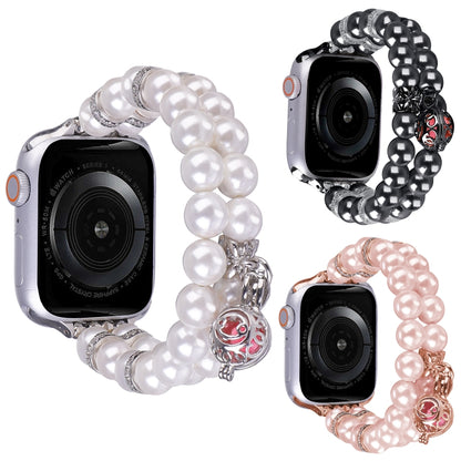 For Apple Watch SE 2023 44mm Beaded Dual Row Pearl Bracelet Watch Band(White) - Watch Bands by buy2fix | Online Shopping UK | buy2fix