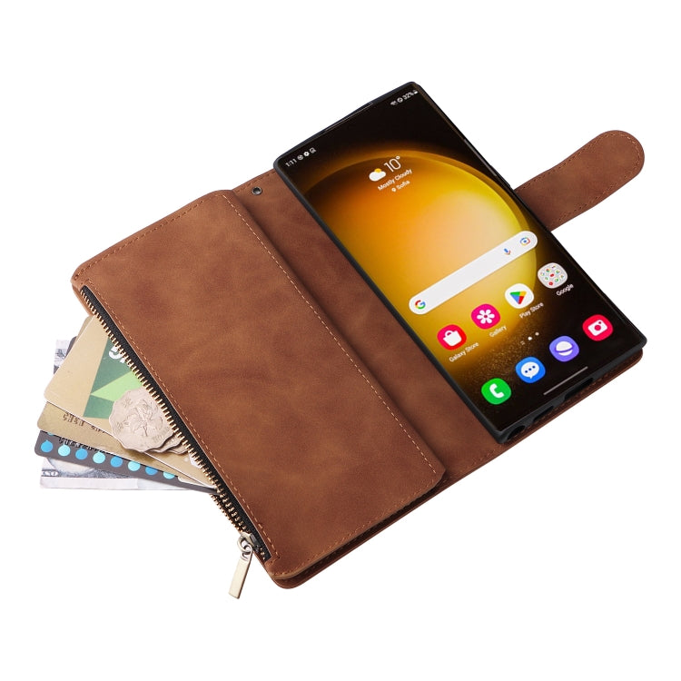 For Samsung Galaxy S24 Ultra 5G Multifunctional Frosted Zipper Wallet Leather Phone Case(Brown) - Galaxy S24 Ultra 5G Cases by buy2fix | Online Shopping UK | buy2fix