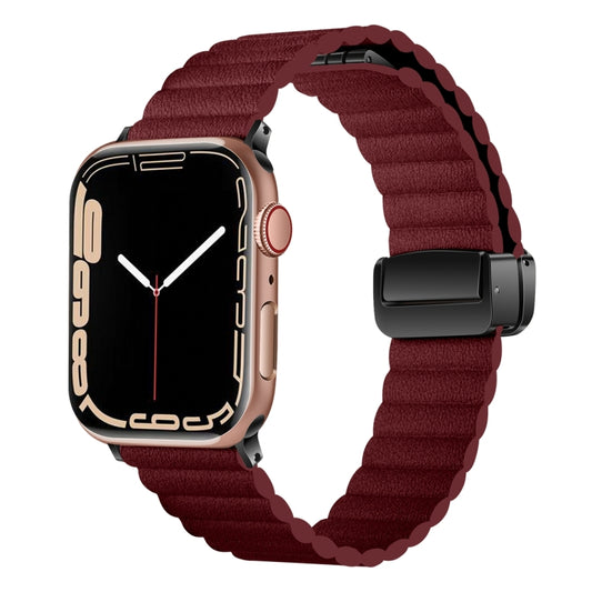 For Apple Watch SE 2022 44mm Water Ripple Magnetic Folding Buckle Watch Band, Style: Bold Version(Wine Red) - Watch Bands by buy2fix | Online Shopping UK | buy2fix