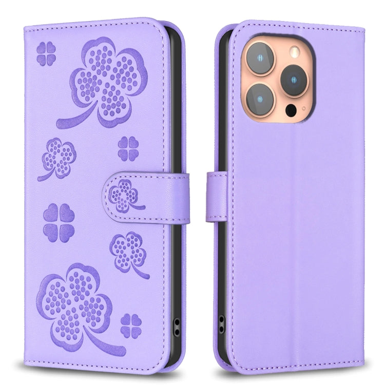 For iPhone 16 Pro Four-leaf Embossed Leather Phone Case(Purple) - iPhone 16 Pro Cases by buy2fix | Online Shopping UK | buy2fix