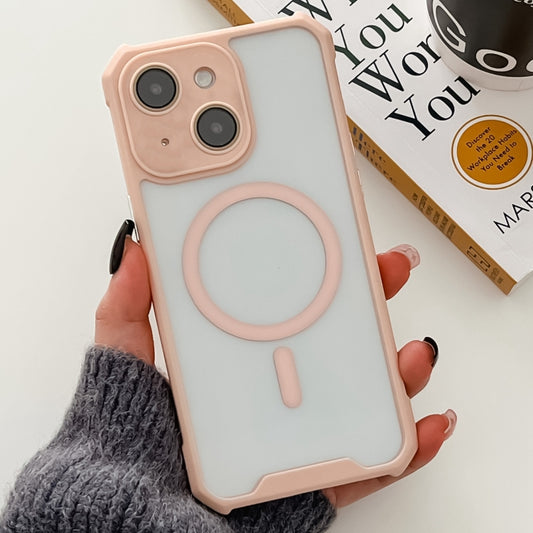 For iPhone 15 Plus Colorful Two-Color Lens Film MagSafe Magnetic Horn Acrylic+TPU Case(Pink) - iPhone 15 Plus Cases by buy2fix | Online Shopping UK | buy2fix