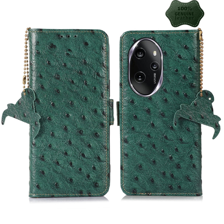For Honor 100 Pro 5G Ostrich Pattern Genuine Leather RFID Phone Case(Green) - Honor Cases by buy2fix | Online Shopping UK | buy2fix