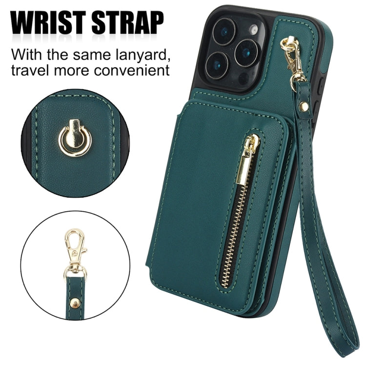 For iPhone 16 Pro Max YM006 Skin Feel Zipper Card Bag Phone Case with Dual Lanyard(Green) - iPhone 16 Pro Max Cases by buy2fix | Online Shopping UK | buy2fix