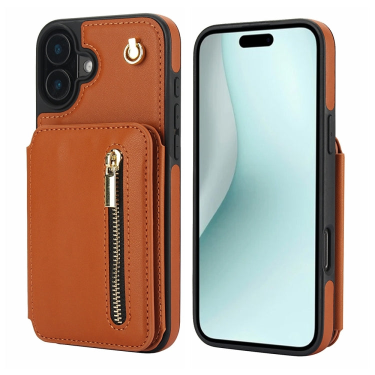 For iPhone 16 Plus YM006 Skin Feel Zipper Card Bag Phone Case with Dual Lanyard(Brown) - iPhone 16 Plus Cases by buy2fix | Online Shopping UK | buy2fix