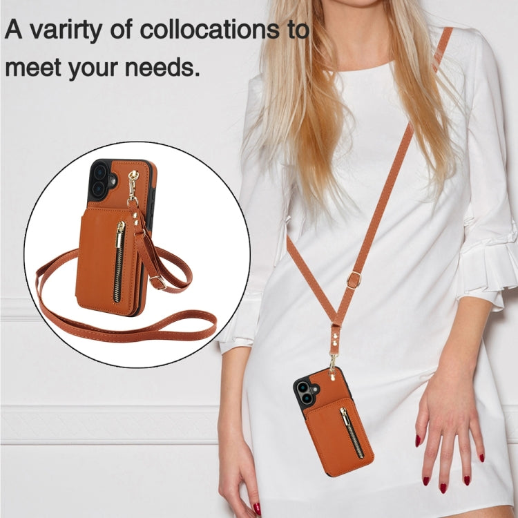 For iPhone 16 YM006 Skin Feel Zipper Card Bag Phone Case with Dual Lanyard(Brown) - iPhone 16 Cases by buy2fix | Online Shopping UK | buy2fix