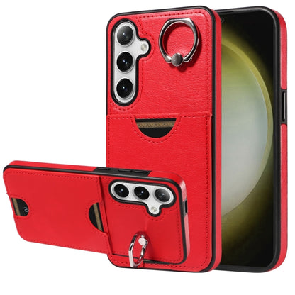 For Samsung Galaxy S24+ 5G Calf Texture Card Slot Ring Holder Phone Case(Red) - Galaxy S24+ 5G Cases by buy2fix | Online Shopping UK | buy2fix