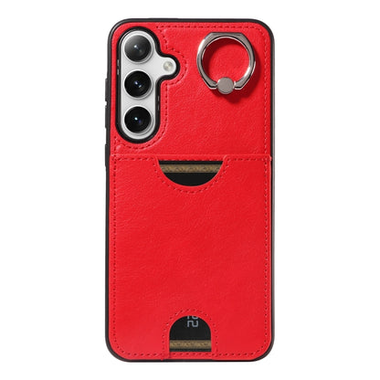 For Samsung Galaxy S24+ 5G Calf Texture Card Slot Ring Holder Phone Case(Red) - Galaxy S24+ 5G Cases by buy2fix | Online Shopping UK | buy2fix