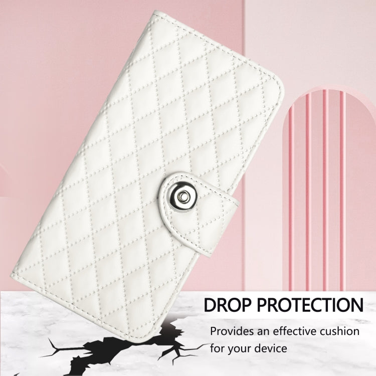 For iPhone 16 Pro Max Rhombic Texture Flip Leather Phone Case with Lanyard(White) - iPhone 16 Pro Max Cases by buy2fix | Online Shopping UK | buy2fix