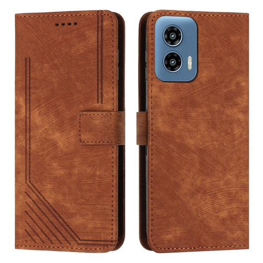 For Motorola Moto G Play 5G 2024 / G 5G 2024 Skin Feel Stripe Pattern Leather Phone Case with Long Lanyard(Brown) - Motorola Cases by buy2fix | Online Shopping UK | buy2fix