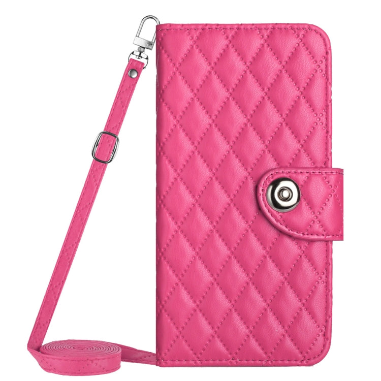 For Motorola Moto G Play 4G 2024 Rhombic Texture Flip Leather Phone Case with Long Lanyard(Rose Red) - Motorola Cases by buy2fix | Online Shopping UK | buy2fix