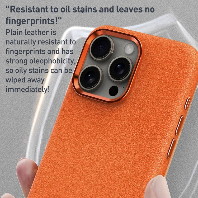 For iPhone 15 Pro Metal Lens Frame Leather Magsafe Full Coverage Shockproof Phone Case(Orange) - iPhone 15 Pro Cases by buy2fix | Online Shopping UK | buy2fix